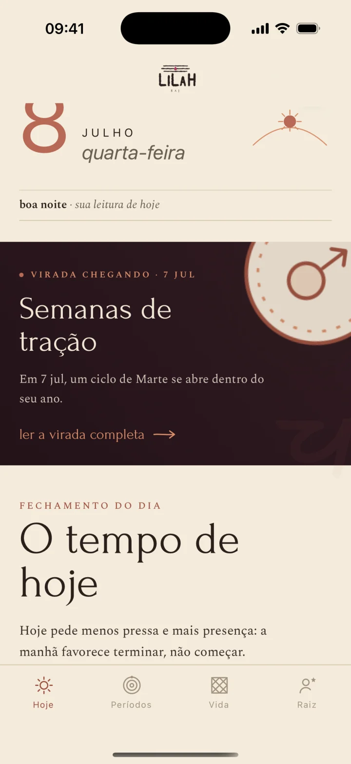 a tela Hoje do app Lilah Raj