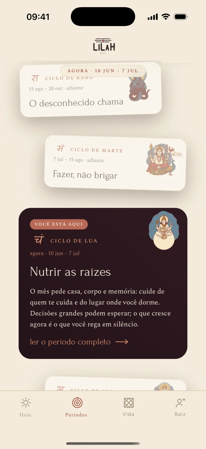 a tela Períodos do app Lilah Raj